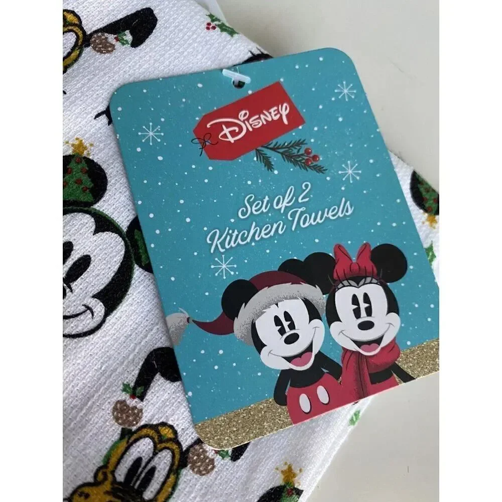 2 Pack Disney Mickey Minnie Mouse Goofy Pluto Christmas Tree Kitchen Towels‎ NEW